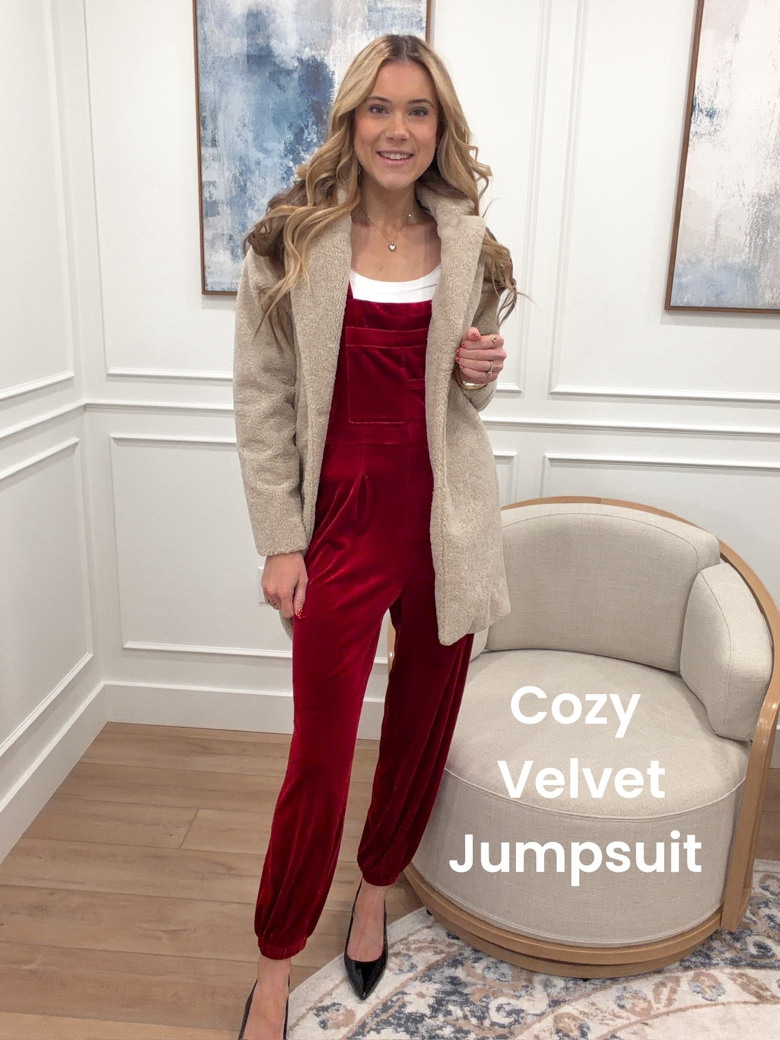 Holiday-ready in this velvet jumpsuit ✨ It’s festive, comfy, and such a fun option if you want something other than a dress. I layered it with a neutral coat for some extra warmth — size small in both!

#LTKHoliday #LTKFindsUnder50 #LTKTall