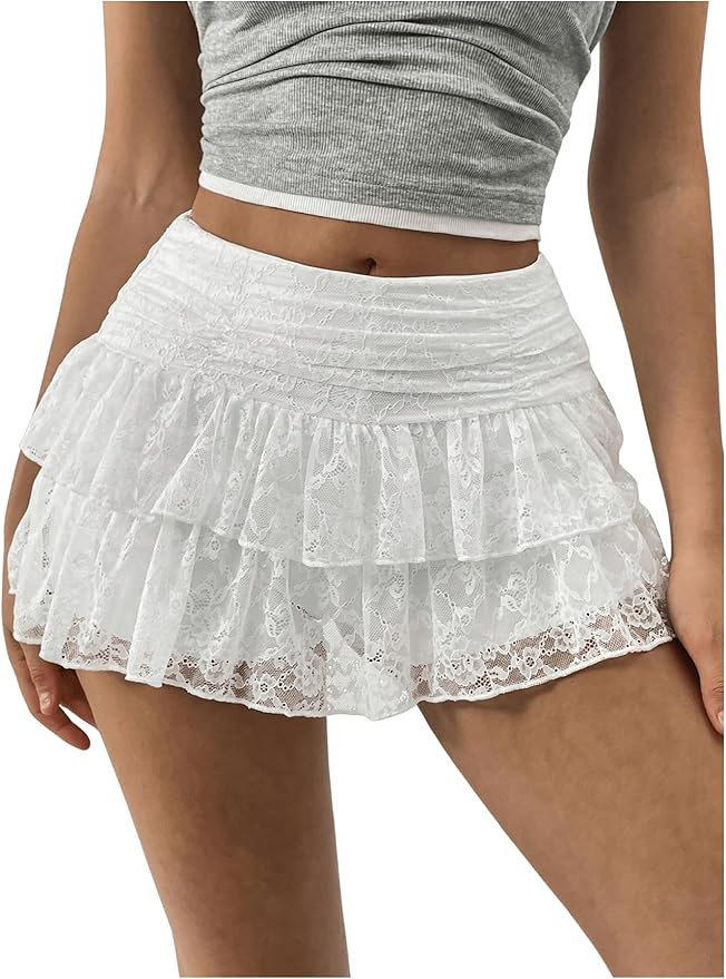 SHENHE Women's Y2k Lace Layered Mini Skirt Ruched A Line Cute Tiered Ruffle Skirt | Amazon (US)
