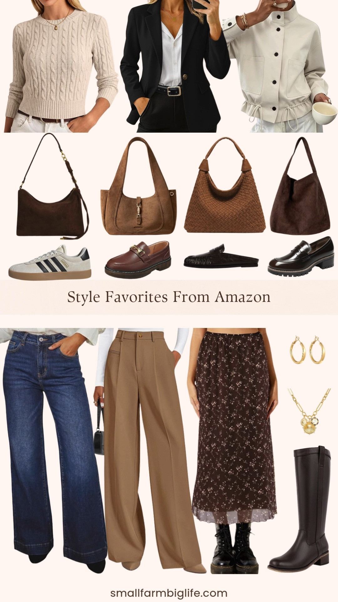 Style favorites from Amazon this week, a mix of fall wardrobe staples and easy accessories worth adding to your cart.

On the shoe front, the cream white, black, and gold metallic adidas VL Court 3.0 sneakers are the everyday casual shoe I keep reaching for, and a pair of chocolate brown knee high block heel boots with a side zipper rounds out a versatile fall boot option. For an easy flat, the coffee brown genuine leather penny loafers have arch support and a memory foam footbed, and the chocolate brown slingback mules with a ruched toe slip on in seconds. A pair of coffee brown chunky platform loafers adds a dressier, business casual option to the mix.

For layering, the almond cable knit cropped sweater is soft, lightweight, and perfect for daily wear, and a black long sleeve blazer with a notch lapel is an easy throw on for business casual days. The beige funnel neck cropped coat with a ruffle hem and drawstring waist brings a fashion forward layer for cooler days.

On the bottoms side, the navy wide leg baggy flare jeans are a comfortable, high waisted option for casual outfits, and the dark khaki wide leg trouser pants are ideal for the office or an interview. The coffee brown floral mesh boho midi skirt is a pretty transitional piece for brunch or casual weekends.

Rounding out the edit: a coffee brown suede hobo crossbody bag, a light brown suede shoulder bag that fits an iPad mini, and a light brown oversized suede tote for an easy everyday carry. For jewelry, the gold flat edge chunky hoop earrings and the gold chunky necklace with heart and sun charms are simple ways to finish any outfit.

#falloutfits #fallfashion #amazonfashion #amazonfinds #founditonamazon #amazonmusthaves 

 #LTKootd #LTKOver40 #LTKWorkwear