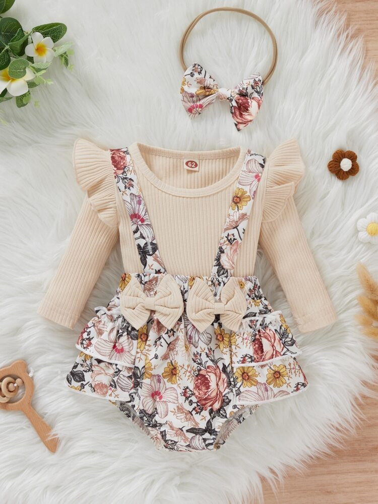 Baby Ruffle Trim Bodysuit & Floral Print Bow Front Suspender Shorts & Headband | SHEIN