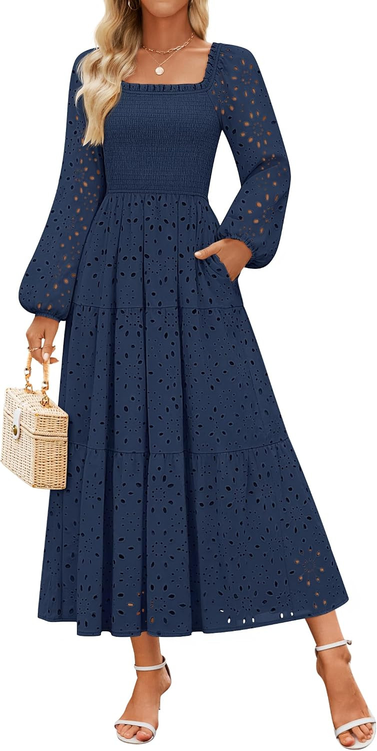 ZESICA Women's Eyelet Long Sleeve Maxi Wedding Guest Dresses | Amazon (US)
