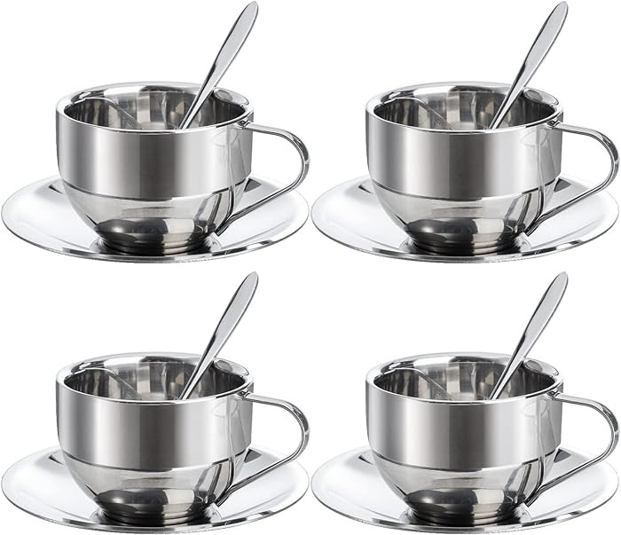 Okllen Juego de 4 tazas de café de acero inoxidable, tazas de café de 6 onzas con cuchara y pla... | Amazon (US)