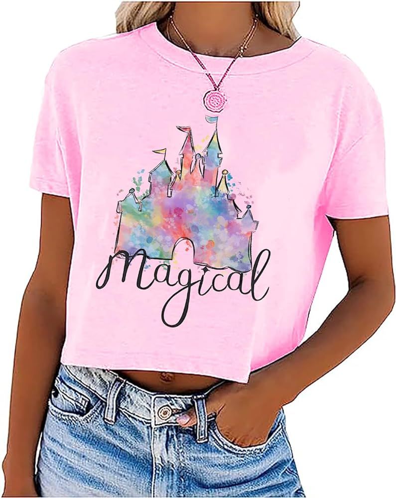 Magical Crop T Shirt for Women Magic Kingdom Shirt Family Vacation Tshirt Cute Castle Graphic Sho... | Amazon (US)