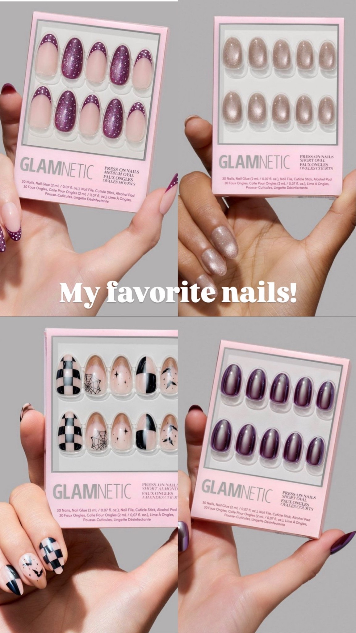My favorite press on nails! Also tagged my favorite glue. 
Top left: dotted mulberry 
Top right: iced latte 
Bottoms left: bat check 
Bottom right: after hours 

Now available at @Target beauty studio!

#LTKBeauty #LTKOver40 #LTKselfcare