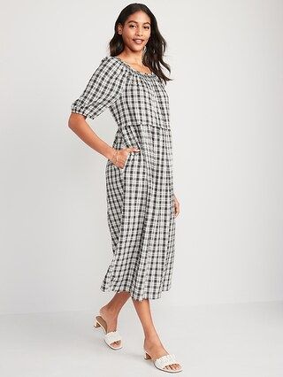 Puff-Sleeve Plaid Smocked Midi Swing Dress for Women | Old Navy (US)