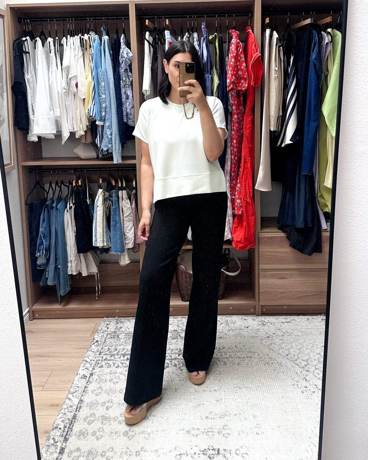 These are great wear to work pants! They’re a stretchy ponte, so no wrinkling! 

they have a two inch waistband with compression but not too tight overall, just smoothing.

im in the medium tall but hear me when i say they are so long! Im 5’9” and the regulars would have been fine with a flat. On sale! 

 
