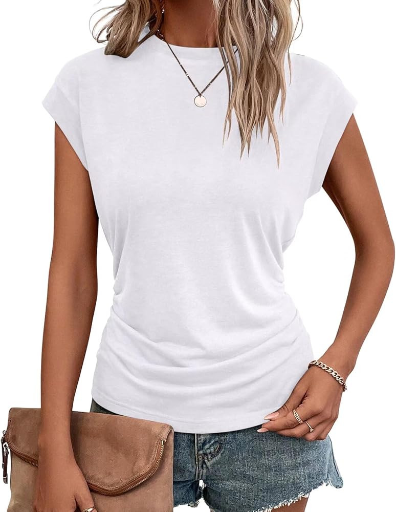 Bliwov Womens Summer Cap Sleeve Tops Business Casual Crewneck Ruched T Shirts Trendy Basic Outfit... | Amazon (US)