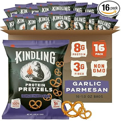 Kindling Protein Pretzels - Garlic Parmesan | Protein-Packed Snack Size Bags | Kosher | 8 - 9g Pr... | Amazon (US)