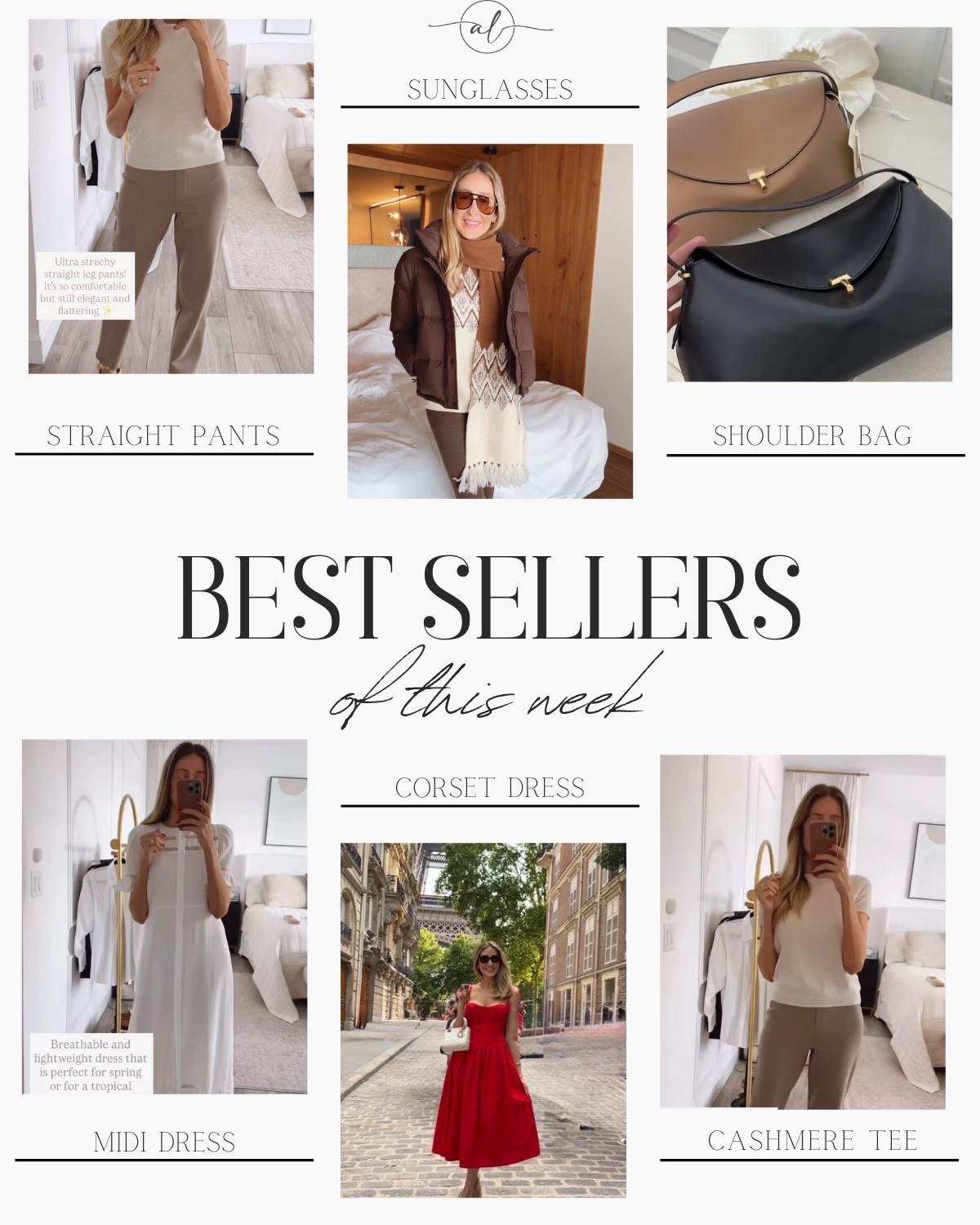 Best Sellers of this week: 
Straight pants, sunglasses, shoulder bag, midi dress, corset dress, cashmere tee 

#LTKootd #LTKU #LTKSeasonal