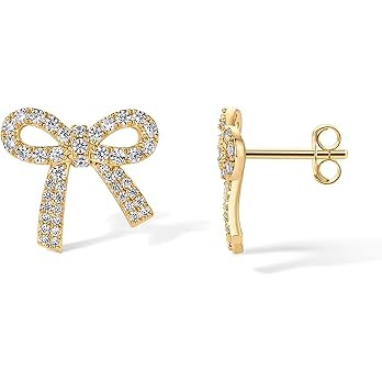 PAVOI 14K Gold Plated Cubic Zirconia Bow Stud Earrings for Women | Coquette Earring Pair | Amazon (US)