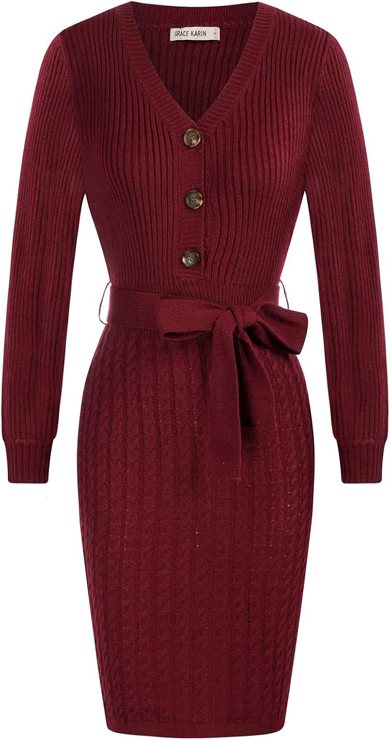 GRACE KARIN Women's Wrap V Neck Knitted Pullover Sweater Dress Long Sleeve Button Belt Bodycon Dr... | Amazon (US)