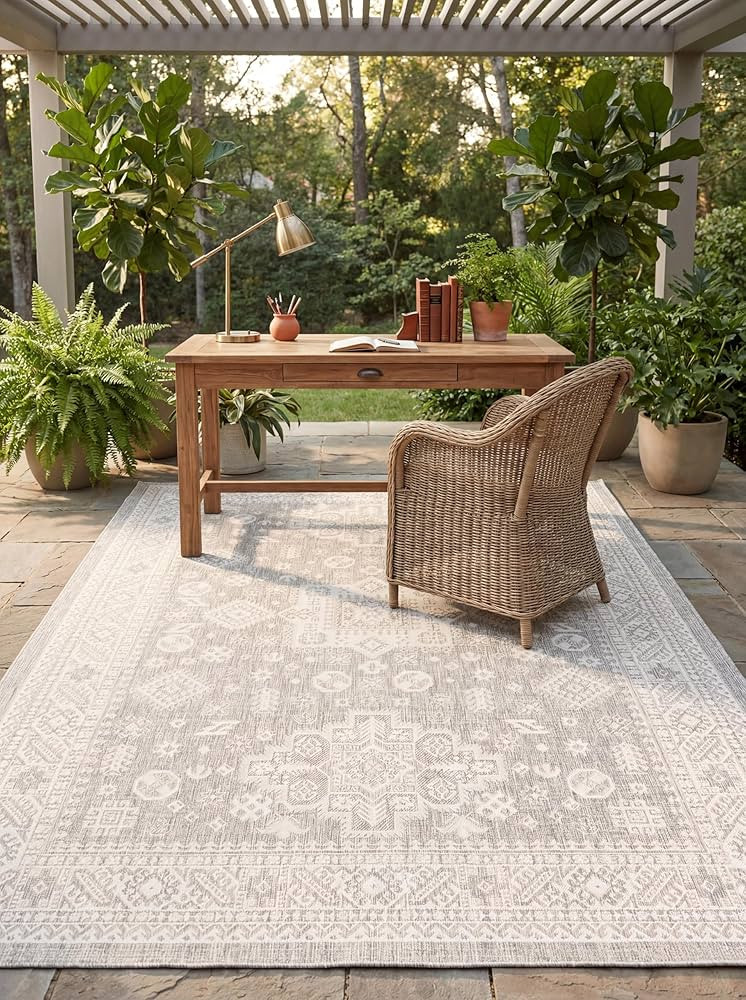 Rugs.com Outdoor Aztec Collection Rug – 5' 3 x 7' 10 Light Gray Flatweave Rug Perfect for Livin... | Amazon (US)