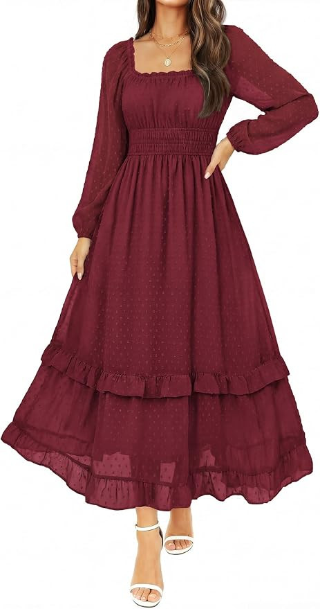 Womens Summer Fall Swiss Dot Chiffon Square Neck Maxi Wedding Guest Dress | Flowy A-Line Tiered R... | Amazon (US)