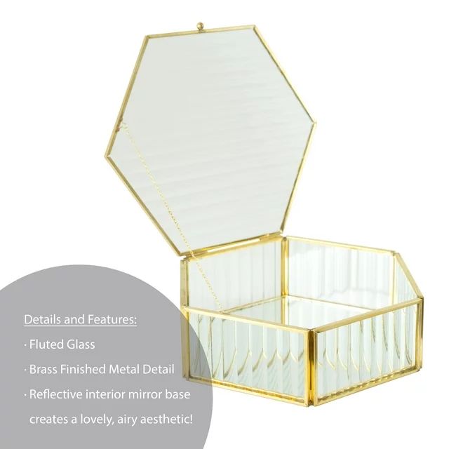 Hexagon Ribbed Clear Glass and Brass Hinged Top Jewelry Box | Walmart (US)