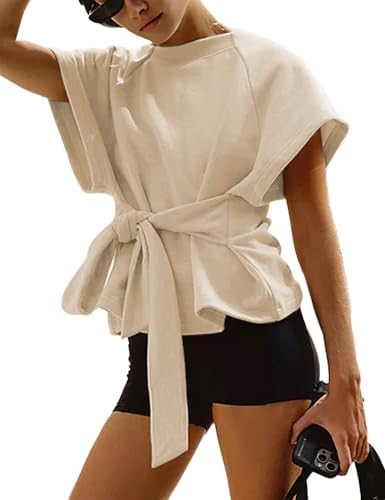 Zhiyouni Camiseta de Manga Corta de Verano para Mujer con Cuello Redondo y Nudo Anudado Top | Amazon (US)