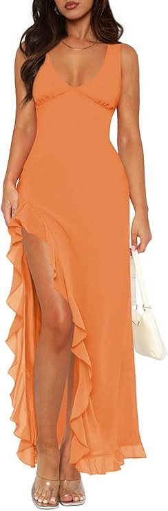 Women's Sexy V Neck Mesh Ruffles Hem High Slit Bodycon Maxi Dress for Women Formal Cocktail Weddi... | Amazon (US)