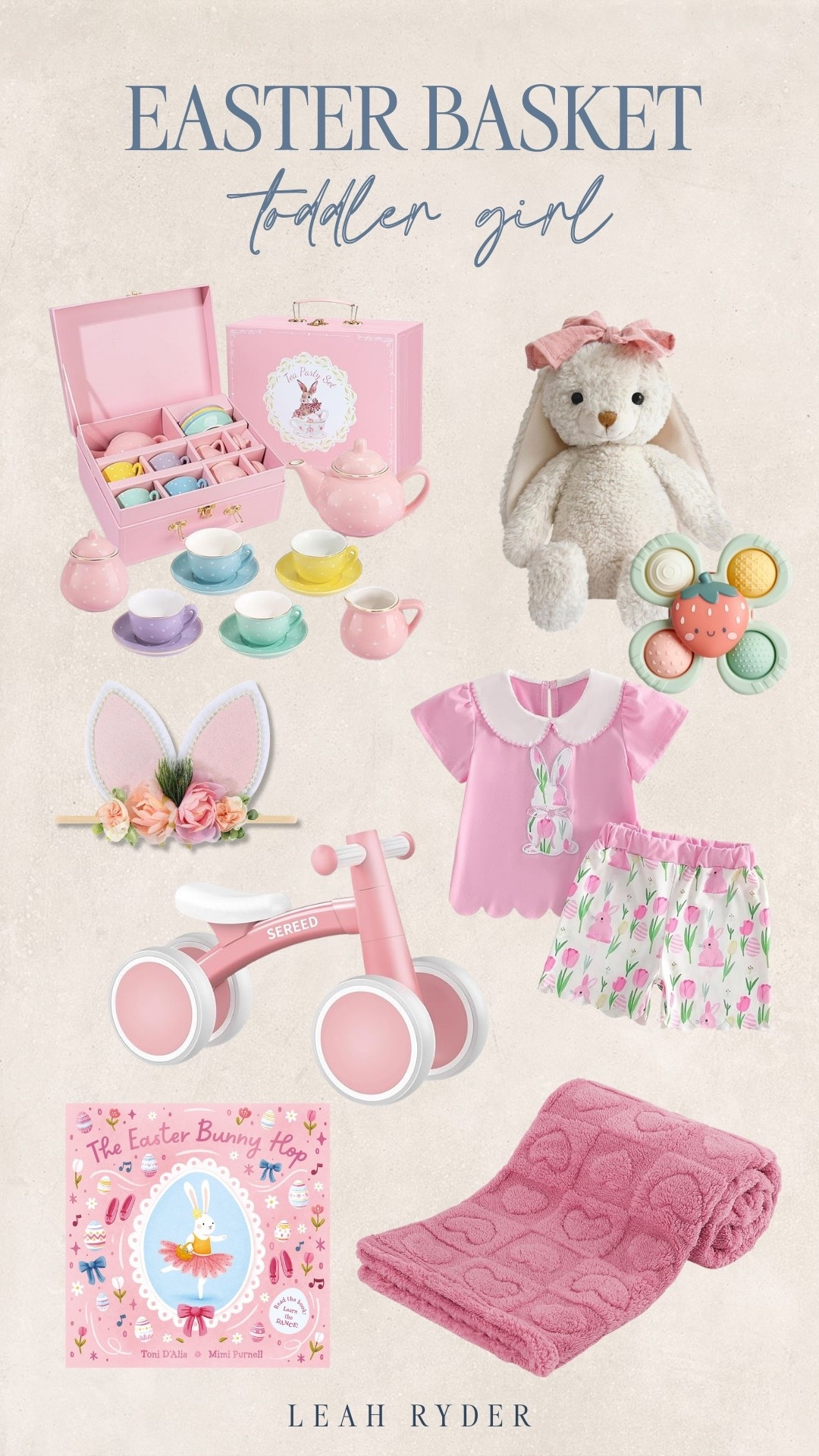This toddler girl Easter basket is filled with sweet spring surprises like a pastel tea set, a soft bunny plush, and a cute bunny-themed outfit. Playful toys, a cozy blanket, and a balance bike make it a mix of fun gifts and practical favorites little ones will use all season. Soft pink tones and bunny details keep everything perfectly on theme for Easter morning. A toddler Easter basket like this creates a magical mix of playtime, cozy moments, and springtime fun.

#LTKSeasonal #LTKKids #LTKmomlife