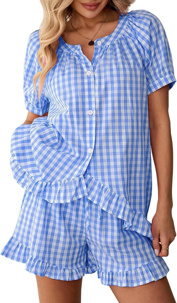 WOWULOVELY Womens Short Sleeve Gingham Pajama Set 2 Piece Plaid Cotton Babydoll Shirt and Leg Pan... | Amazon (US)