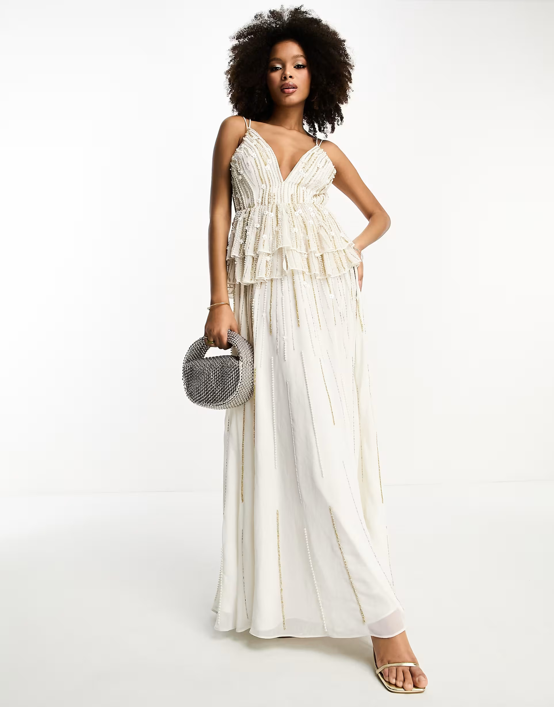 ASOS DESIGN cami maxi dress with floral embellishment and tiered peplum in white | ASOS (Global)