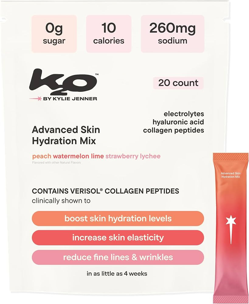 k2o by Kylie Jenner Advanced Skin Hydration Mix with Electrolytes, Hyaluronic Acid & Verisol Collagen Peptides - Clinically Shown to Boost Hydration & Reduce Wrinkles - 20 Count (Variety Pack) | Amazon (US)