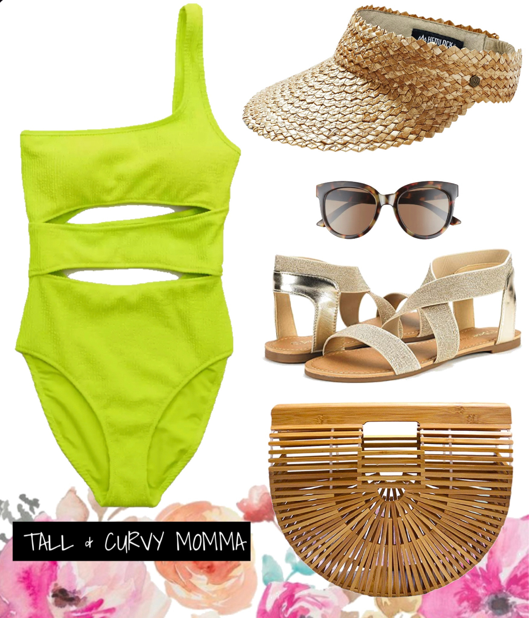 SWIM // vacation outfit. Beach outfit. Lake. Pool. Swimwear. Swim suit. Bathing suit. One piece. Aerie. Sandals. Bag. Clutch. Sunglasses. Visor. Neon  

#LTKunder50 #LTKswim #LTKtravel