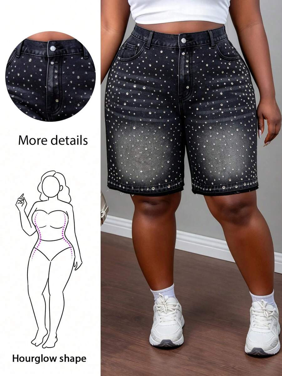 CurvyTilda Plus Size Women's Fashionable Washed Rhinestone Denim Shorts, Summer, For Hourglass Bo... | SHEIN