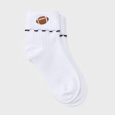 Women's Game Day Embroidered Football Pointelle Bobby Socks with Lettuce Edge Cuff - Wild Fable™ White/Navy 4-10 | Target