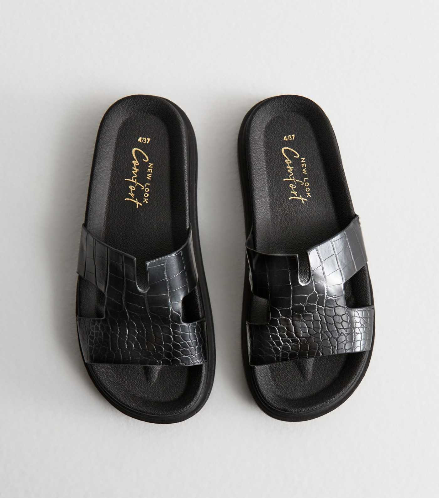 Black Faux Croc Chunky Sliders | New Look | New Look (UK)