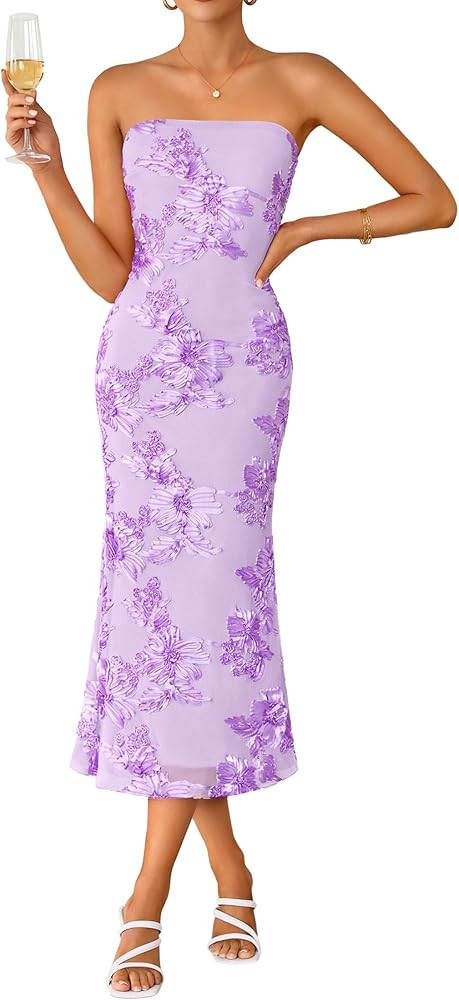 ZESICA Women's Summer Strapless Floral Midi Dress 2026 Bodycon Mesh Tube Wedding Guest Cocktail P... | Amazon (US)