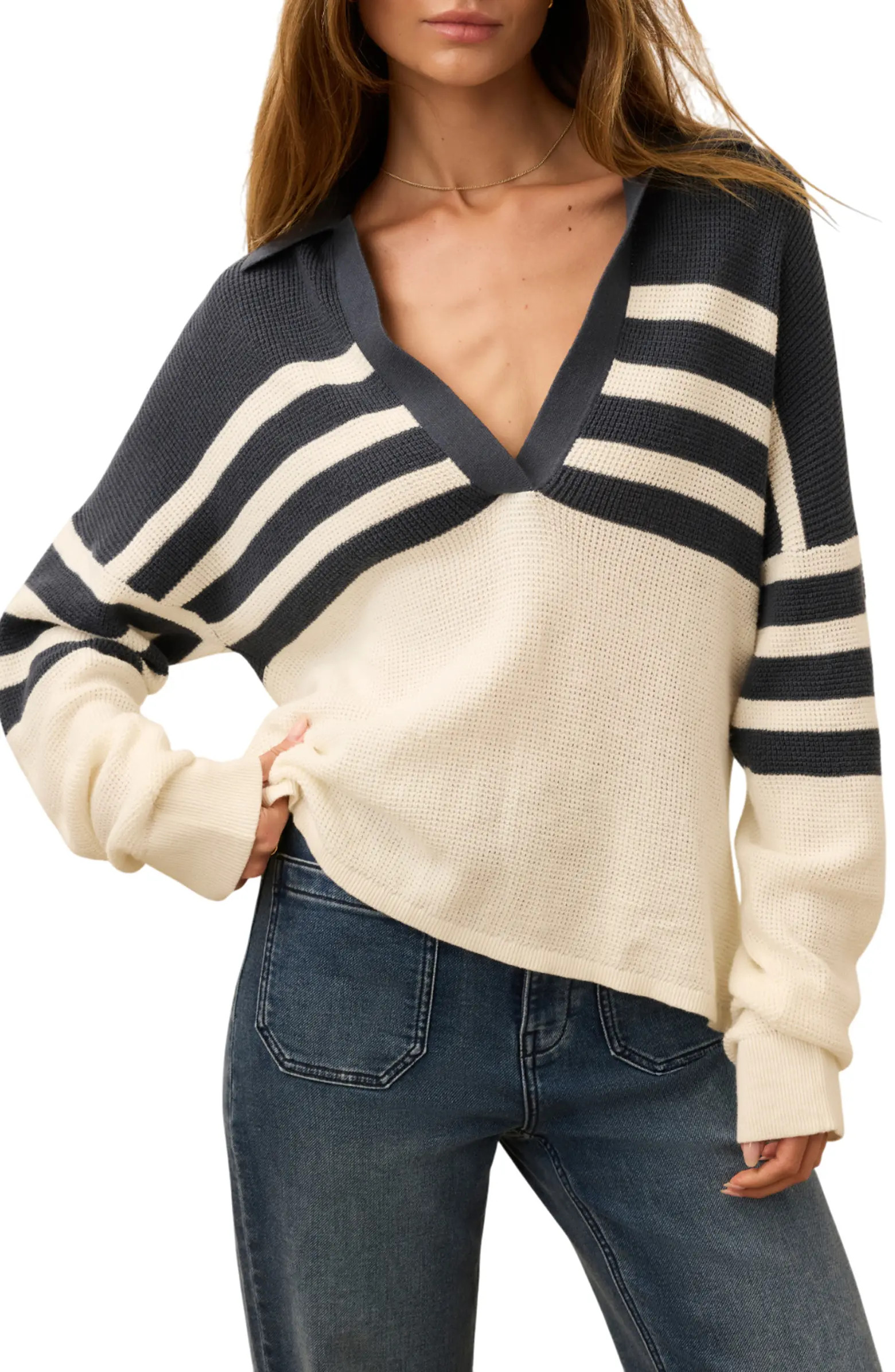 Stripe Organic Cotton & Cashmere Johnny Collar Sweater | Nordstrom