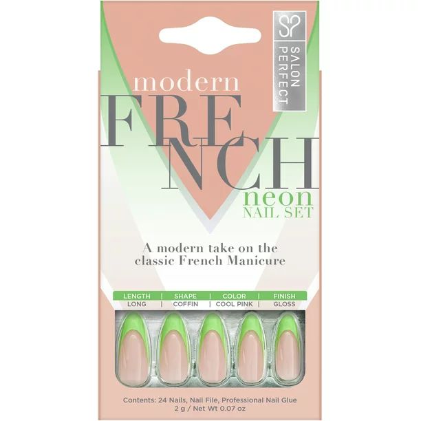 Salon Perfect Artificial Nails, 145 Neon Modern French Mint File & Glue Included, 30 Nails | Walmart (US)