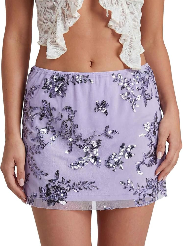 DERAX Women's Sequin Mesh Floral Mini Skirt Sparkly Glitter Elastic Waist Vacation Clubbing 2026 ... | Amazon (US)