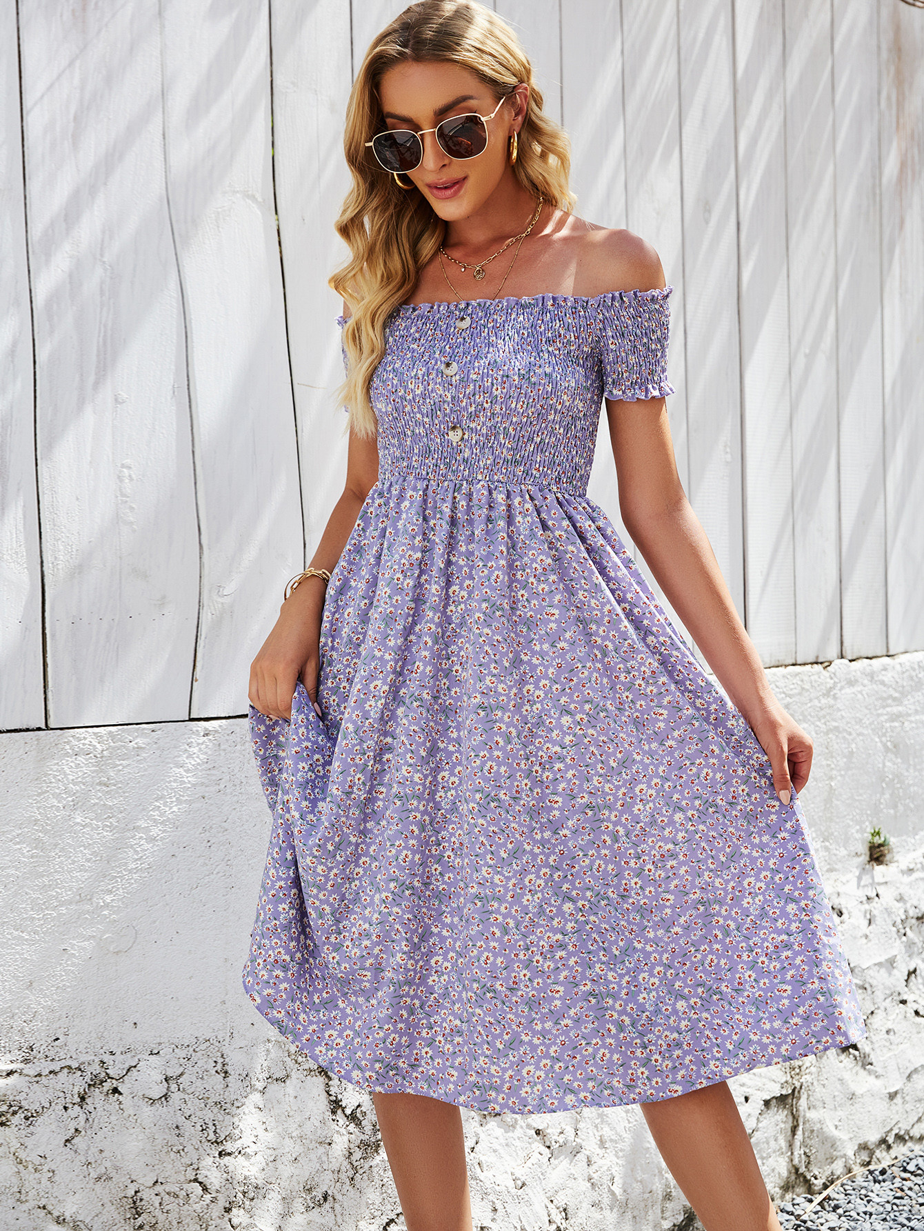 Off Shoulder Shirred Ditsy Floral Print Dress | SHEIN