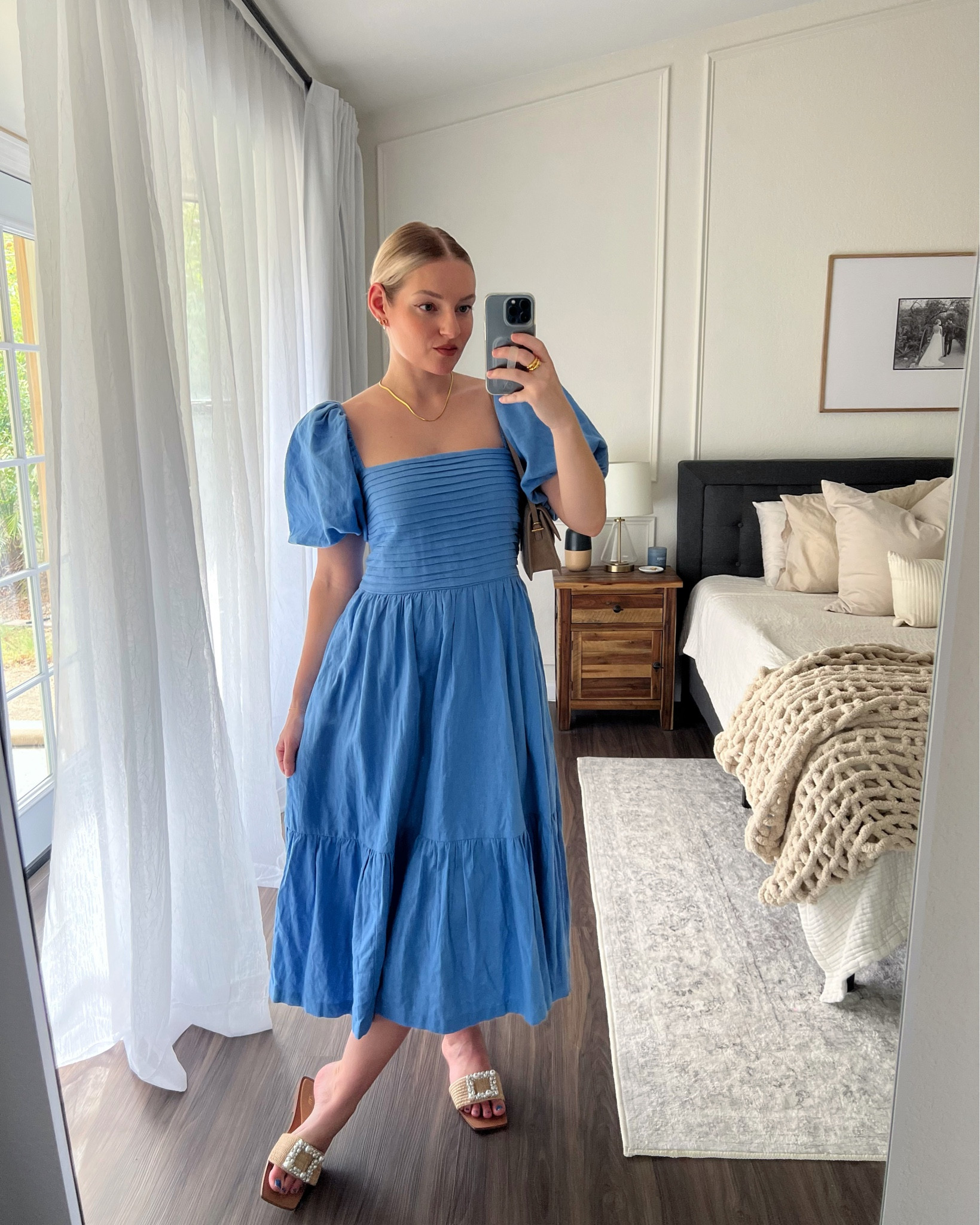 emerson linen-blend puff sleeve midi dress Emerson Puff Sleeve Midi Dress from A&F