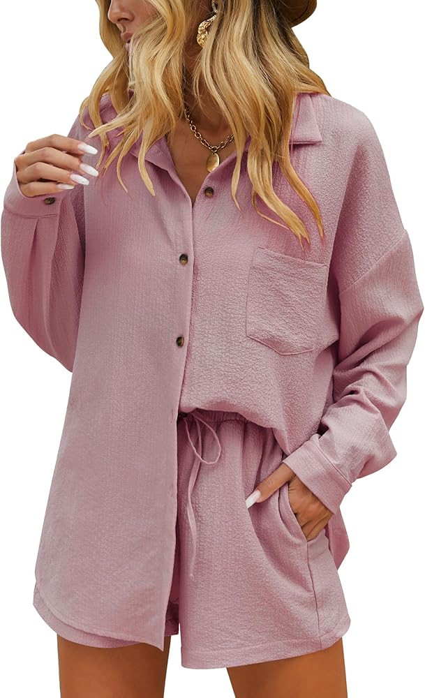 Ekouaer Two Piece Sets for Women Long Sleeve Lounge Set Button Down Shirts and Casual Shorts with... | Amazon (US)