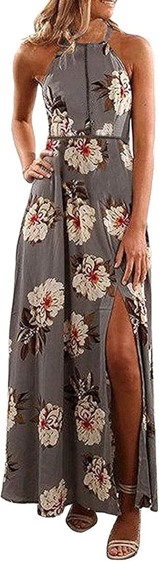 ZESICA Women's 2023 Summer Halter Neck Floral Print Backless Split Beach Party Maxi Dress | Amazon (US)