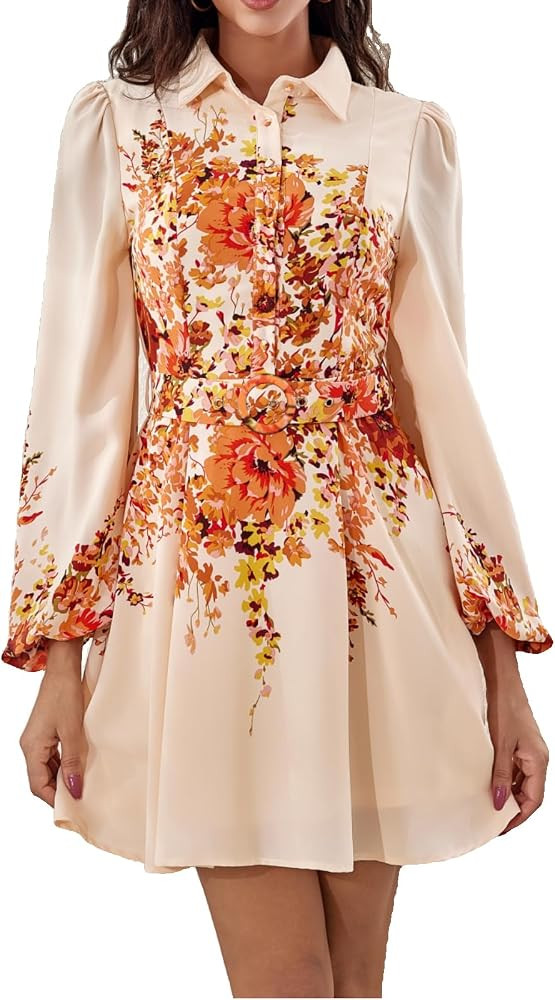 Women Long Sleeve Spring Button Down A-Line Floral Print Summer Cocktail Shirt Dresses with Belt | Amazon (US)