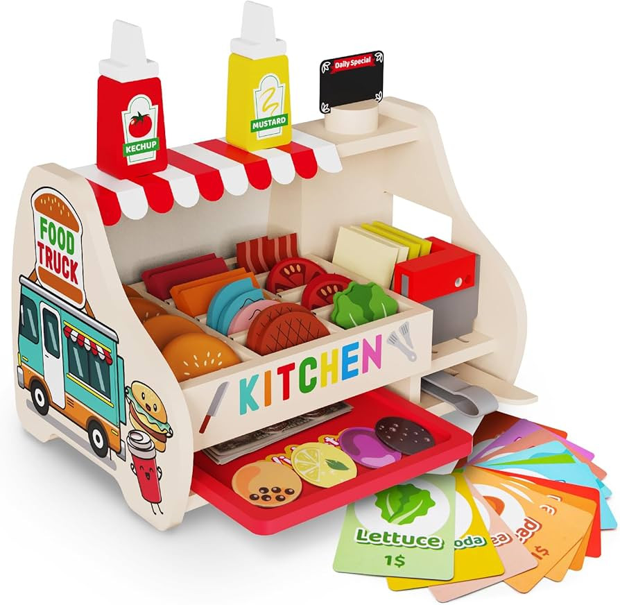 Victostar Wooden Play Food Set (58 pcs) Slice & Stack Sandwich Counter, Pretend Play Store Food T... | Amazon (US)