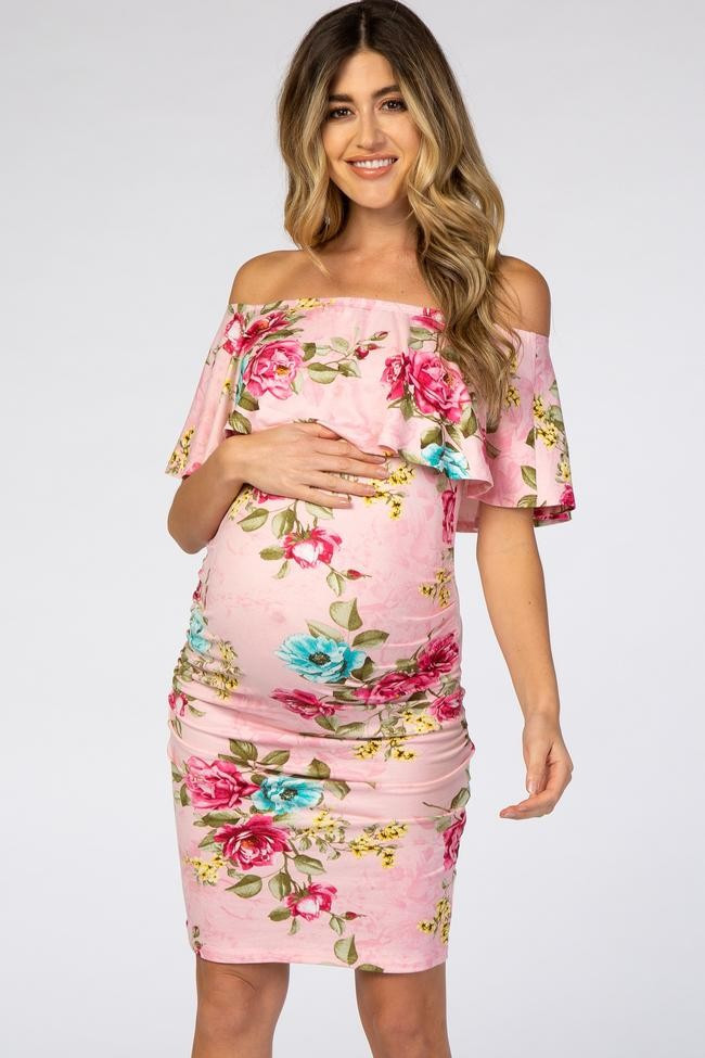 Pink Floral Off Shoulder Fitted Maternity Dress | PinkBlush Maternity