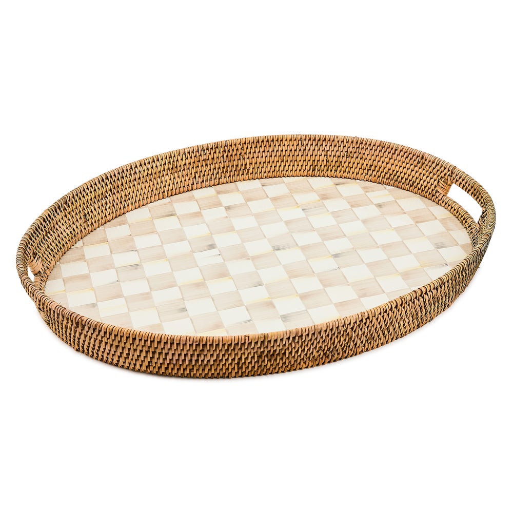Mocha Check Enamel & Rattan Party Tray | MacKenzie-Childs