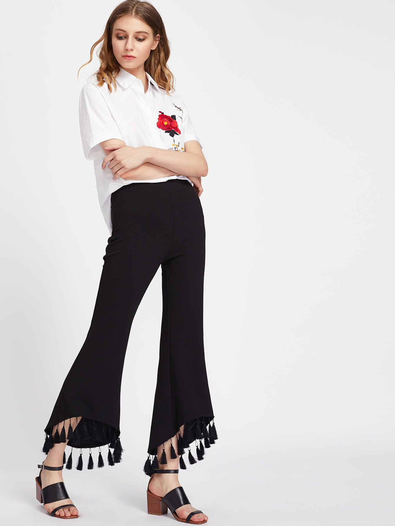 Tassel Trim Staggered Hem Flared Pants | SHEIN