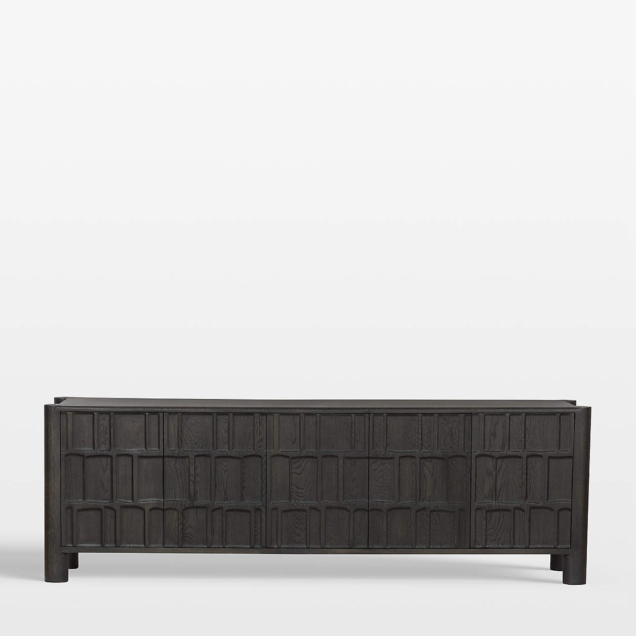 Ezri 82" Black Carved Oak Wood Storage Media Console | Crate & Barrel | Crate & Barrel