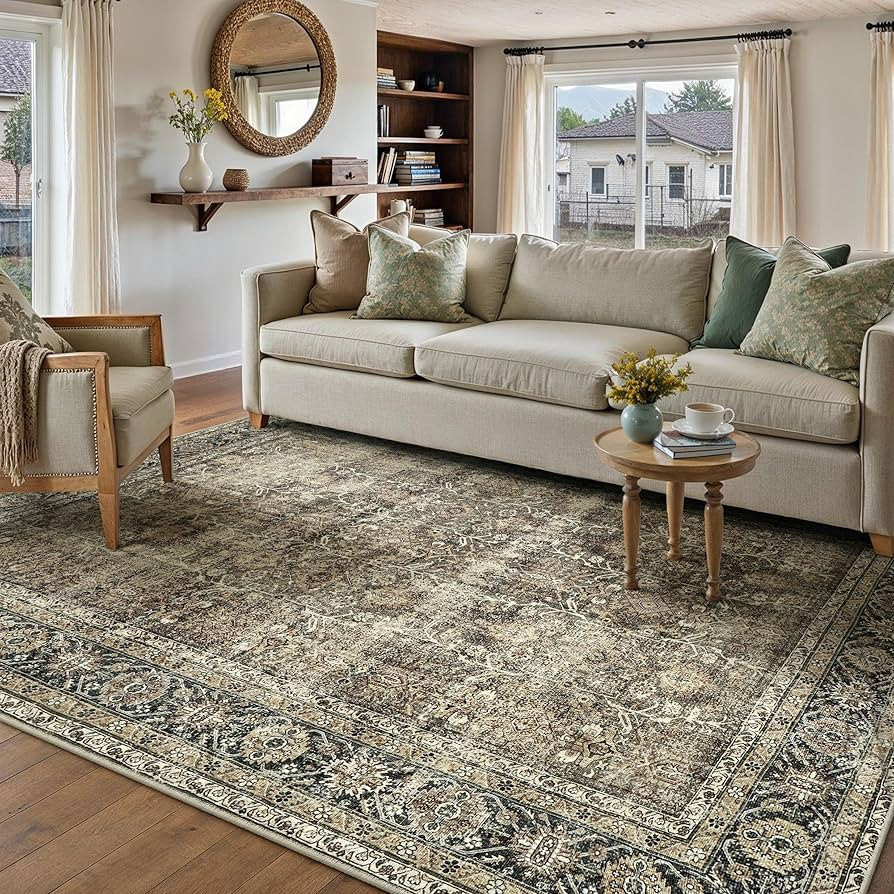 Vintage Area Rug 5x7 Brown Washable Living Room Large Carpet Non Slip Bedroom Indoor Office Low P... | Amazon (US)