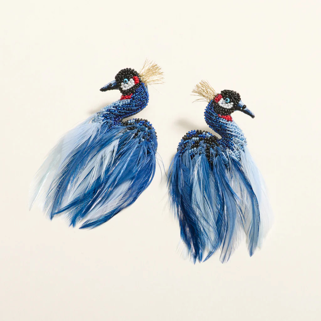 Grey Crowned Crane Earrings Blue | Mignonne Gavigan