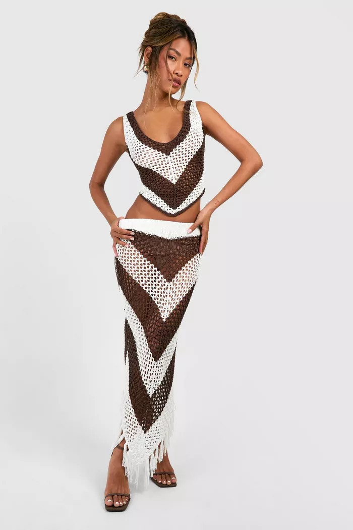 Premium Crochet Stripe Top & Tassel Skirt Set | Boohoo.com (UK & IE)