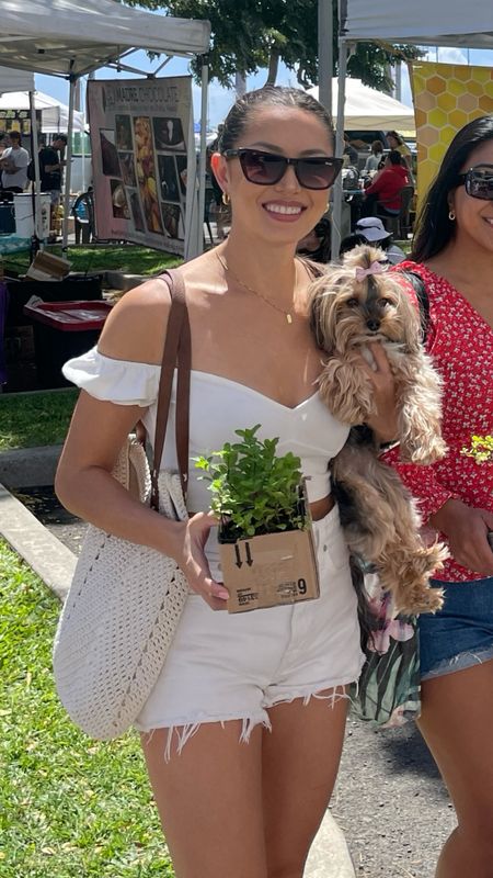 Hawaii Farmers market outfit! For the shorts I did an amateur job cinching the waist btw 🤣 and also I got 2 sizes smaller than my waist. Wearing the top in XS! All white look, summer outfit, denim shorts, crop top, off shoulder top

#LTKfindsunder50 #LTKSeasonal #LTKfindsunder100