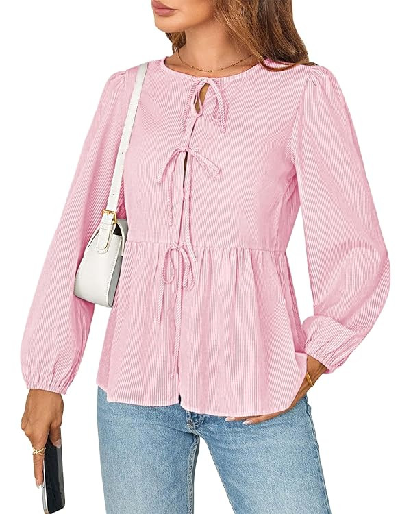 MEROKEETY Women's Tie Front Striped Peplum Tops Long Puff Sleeve Button Casual Babydoll Blouse Sh... | Amazon (US)