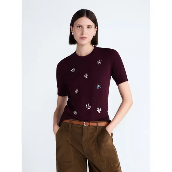 Free Assembly Women's and Women's Plus Embellished Cozy Yarn Sweater with Short Sleeves, Sizes XS... | Walmart (US)