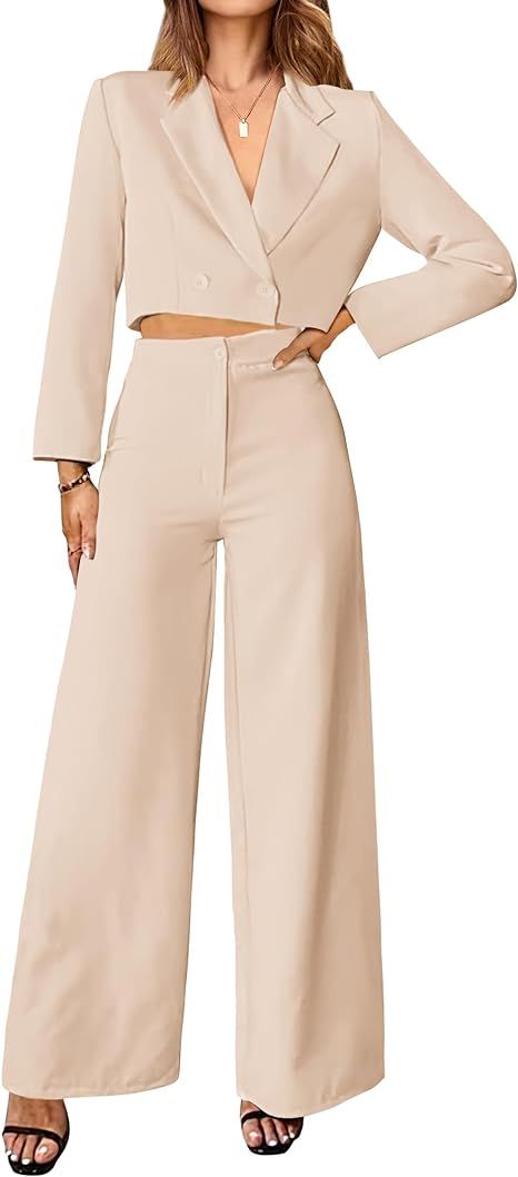 PRETTYGARDEN Women's 2 Piece Outfits 2023 Fall Casual Wrap Crop Blazers Jackets Wide Leg Pants Se... | Amazon (US)