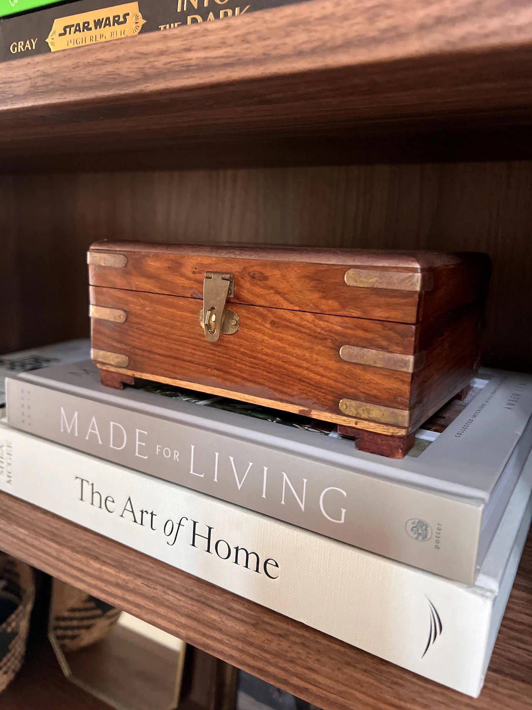 Vintage Wooden Trinket Box With Brass Corner Straps and Clasp - Etsy | Etsy (US)